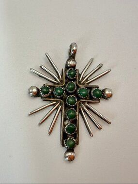 Zuni-Style Turquoise Cross Pendant – Sterling Silver Needle Sunburst